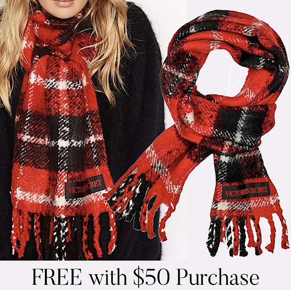 Victoria’s Secret Scarlet Red & Black Plaid Plush Fringe Scarf